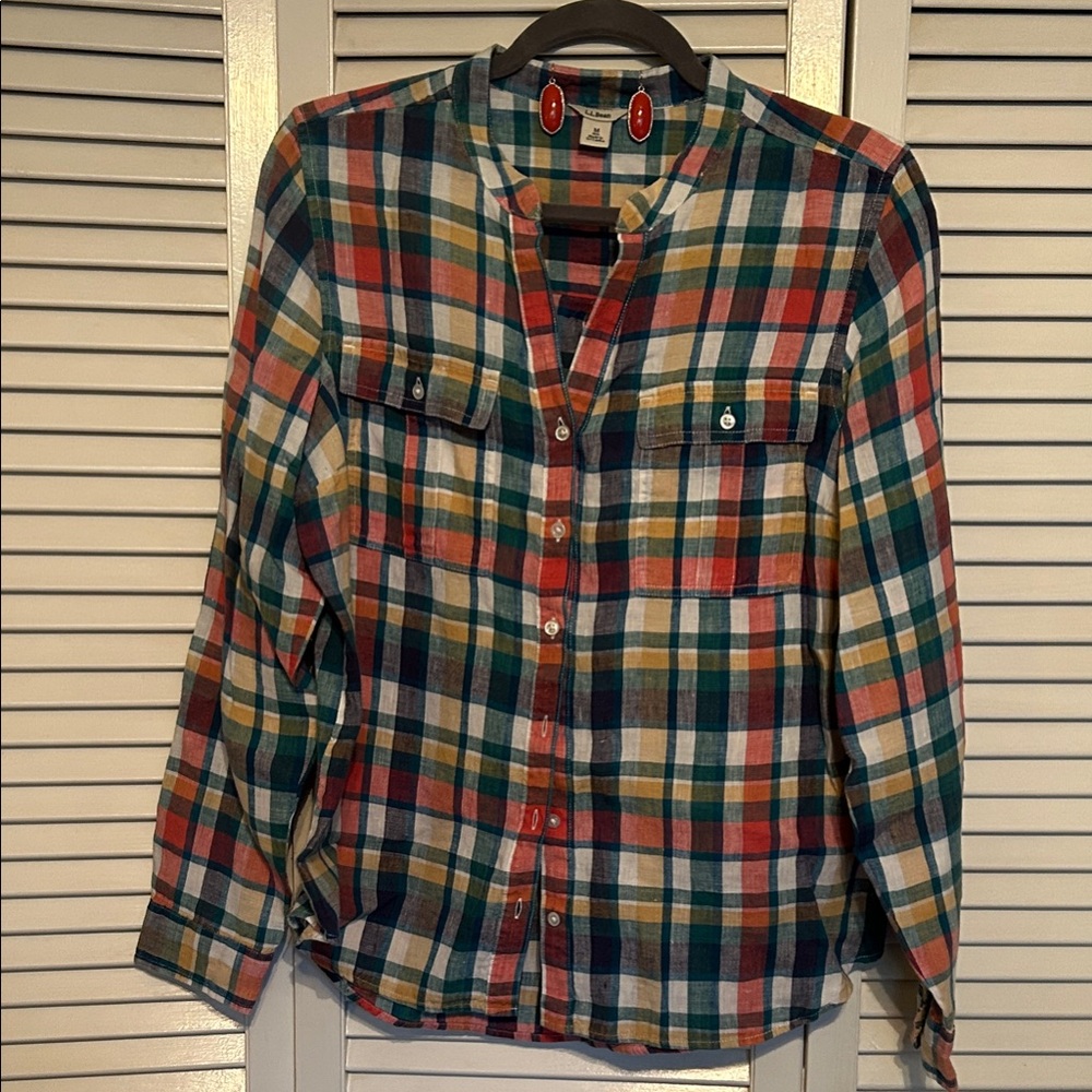 Women’s L.L. Bean Vibrant Plaid Button Down Shirt and Deep Coral Dangle Earrings